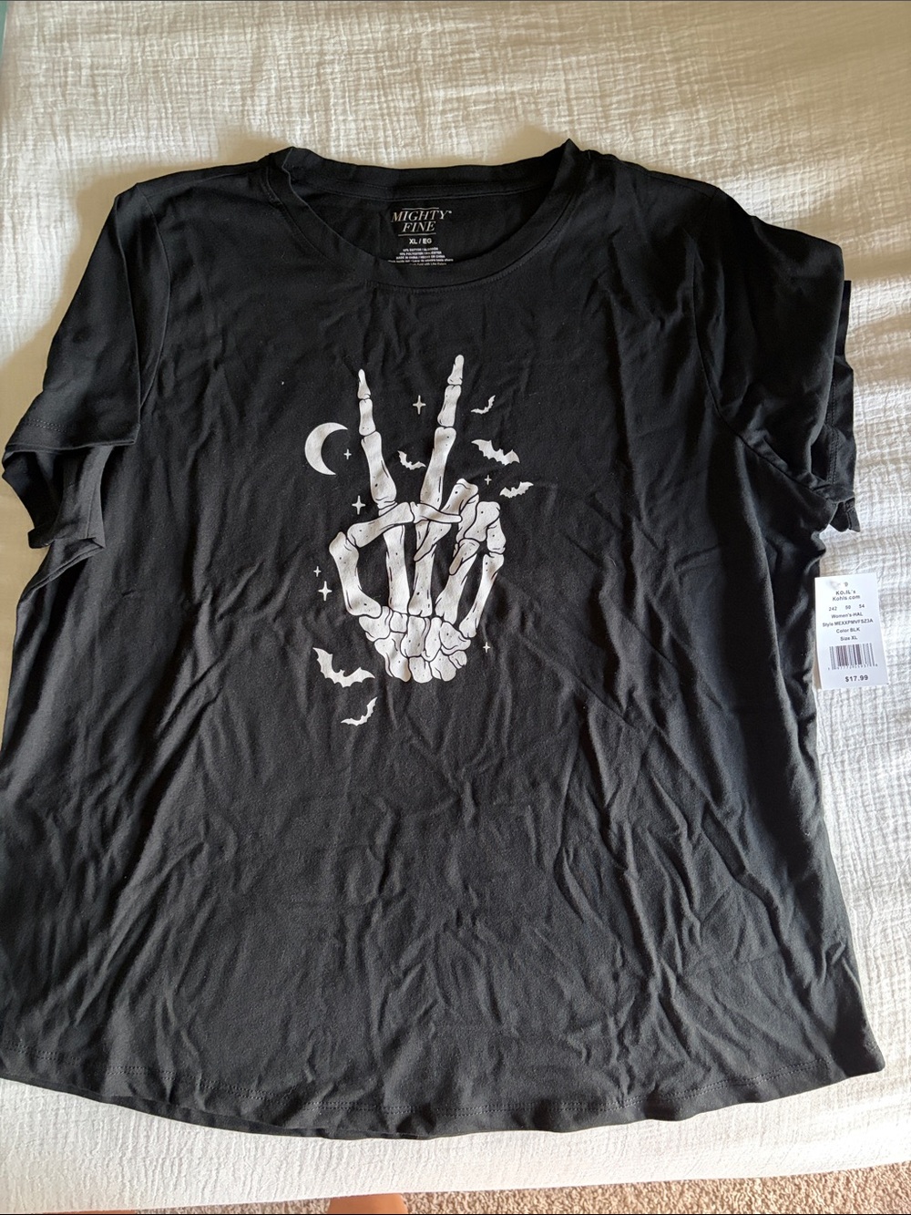 Mighty Fine Black Tee with White Skeleton Peace Hand Graphic